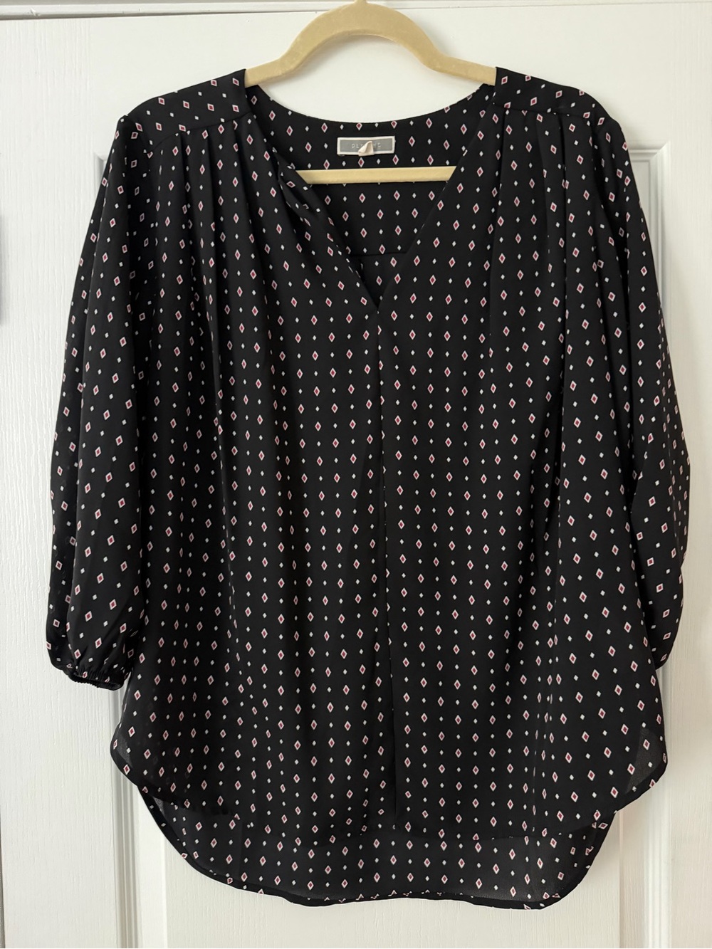 Pleione Black Blouse with Pink Diamond Print